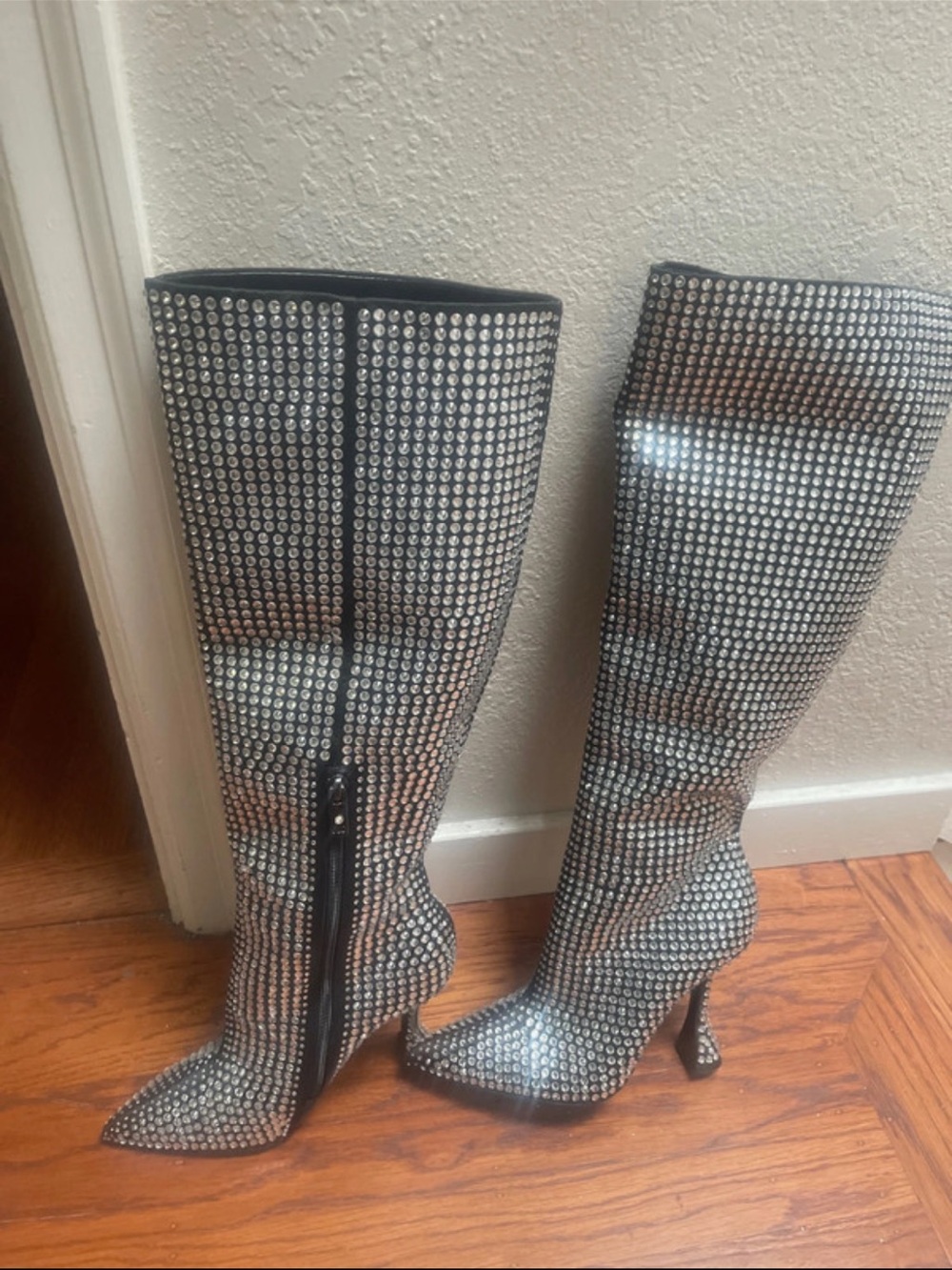 Women's Silver Rhinestone Knee-High Stiletto Boots